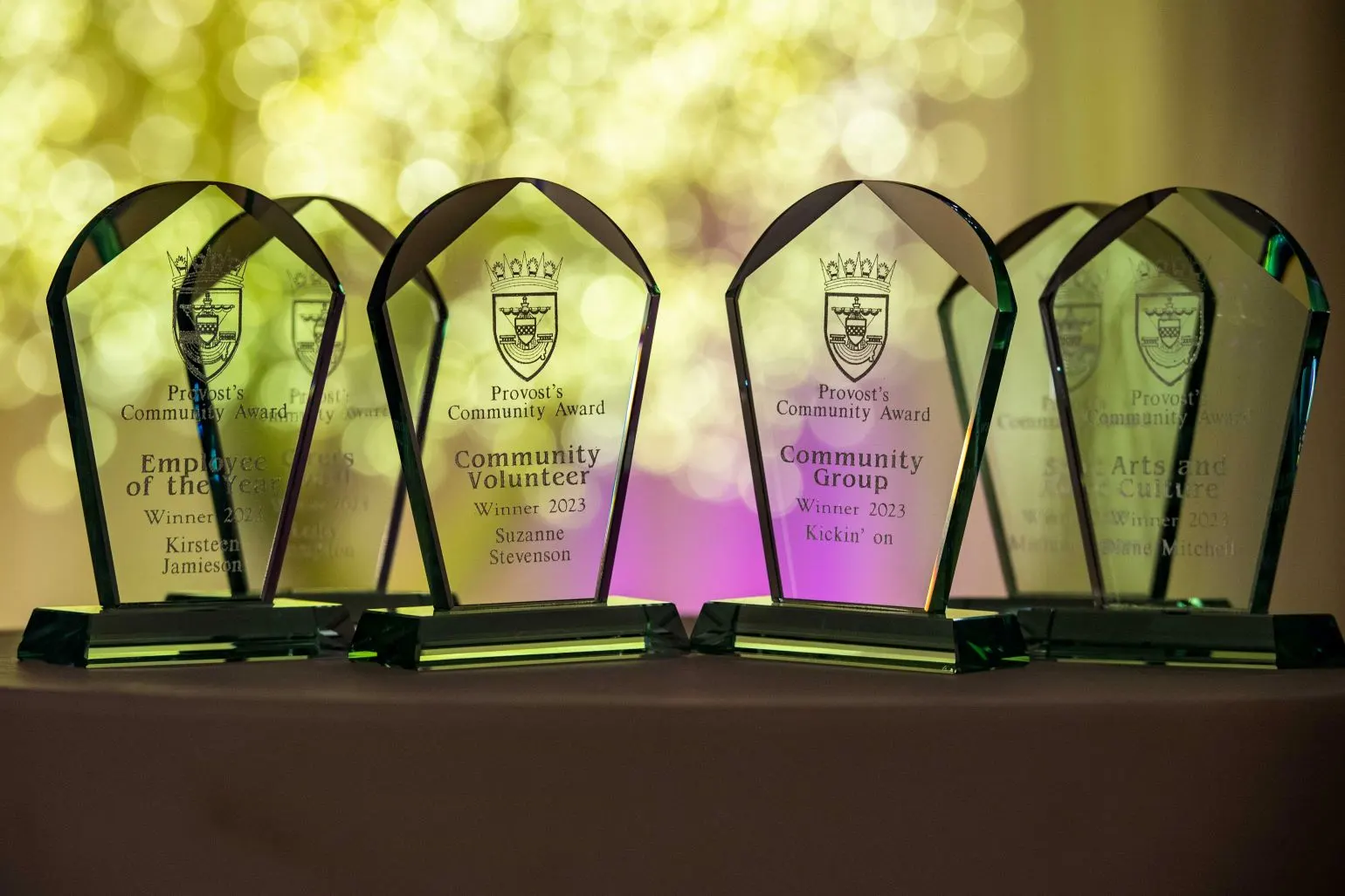 Five clear glass awards for community contributions, including Employee of the Year, Volunteer, Group, Arts and Culture and Sport categories.