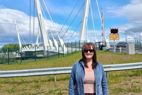 Teresa Henry, Clydebank resident, in front of Renfrew Bridge