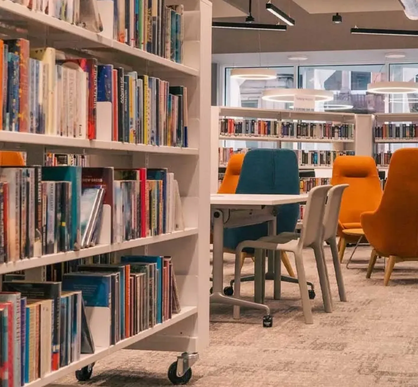 Bookshelves and chairs in Paisley Central Library