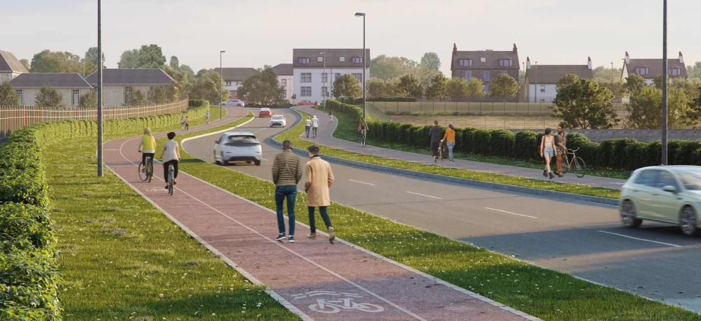 An artist's impression of the east-west road that will run from Renfrew Road in Paisley, past the new Paisley Grammar School Community Campus, to the site of the new bridge built as part of the AMIDS South project