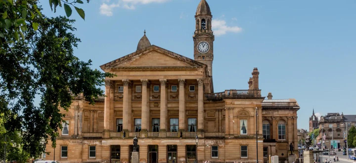 Paisley Town Hall exterior taken from the grounds of Paisley Abbey.