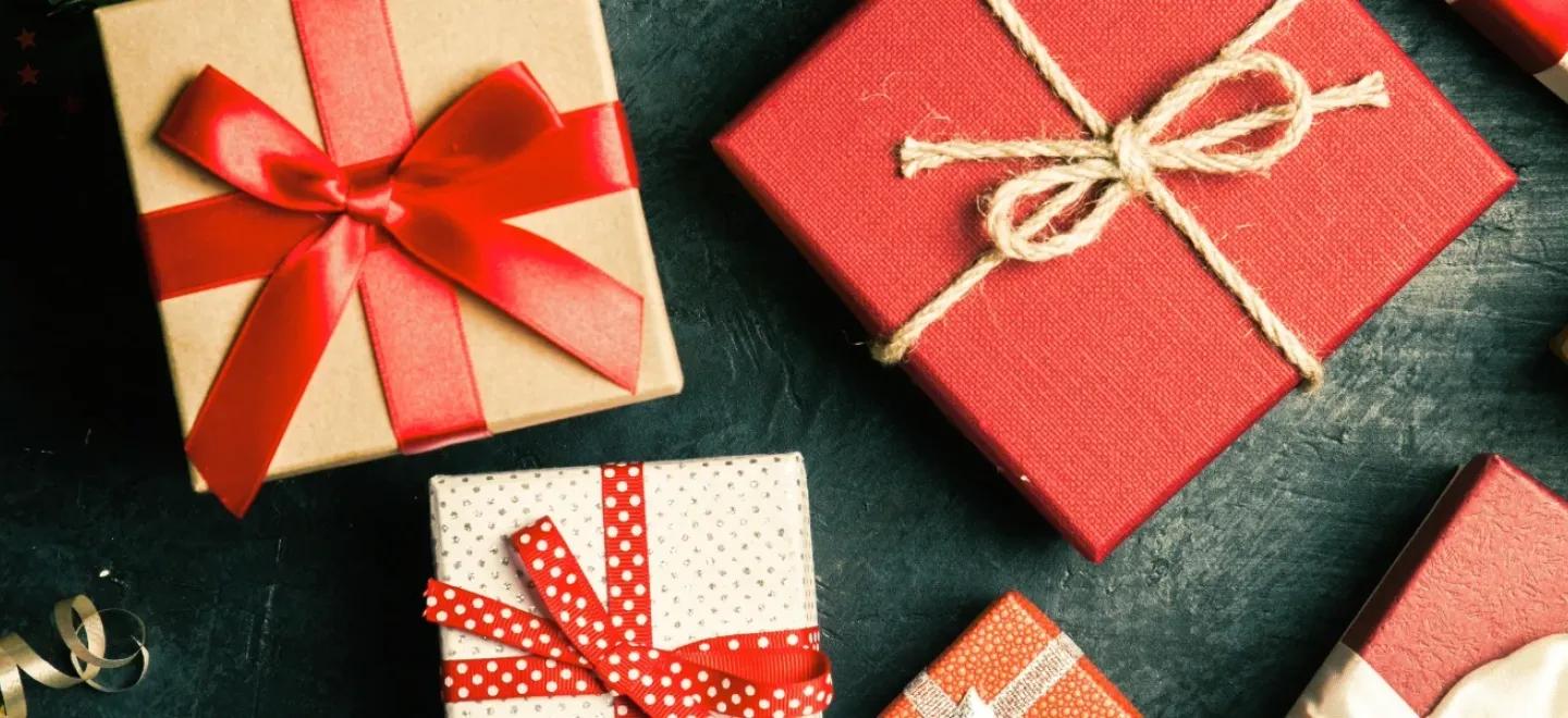 Christmas gifts wrapped in boxes.