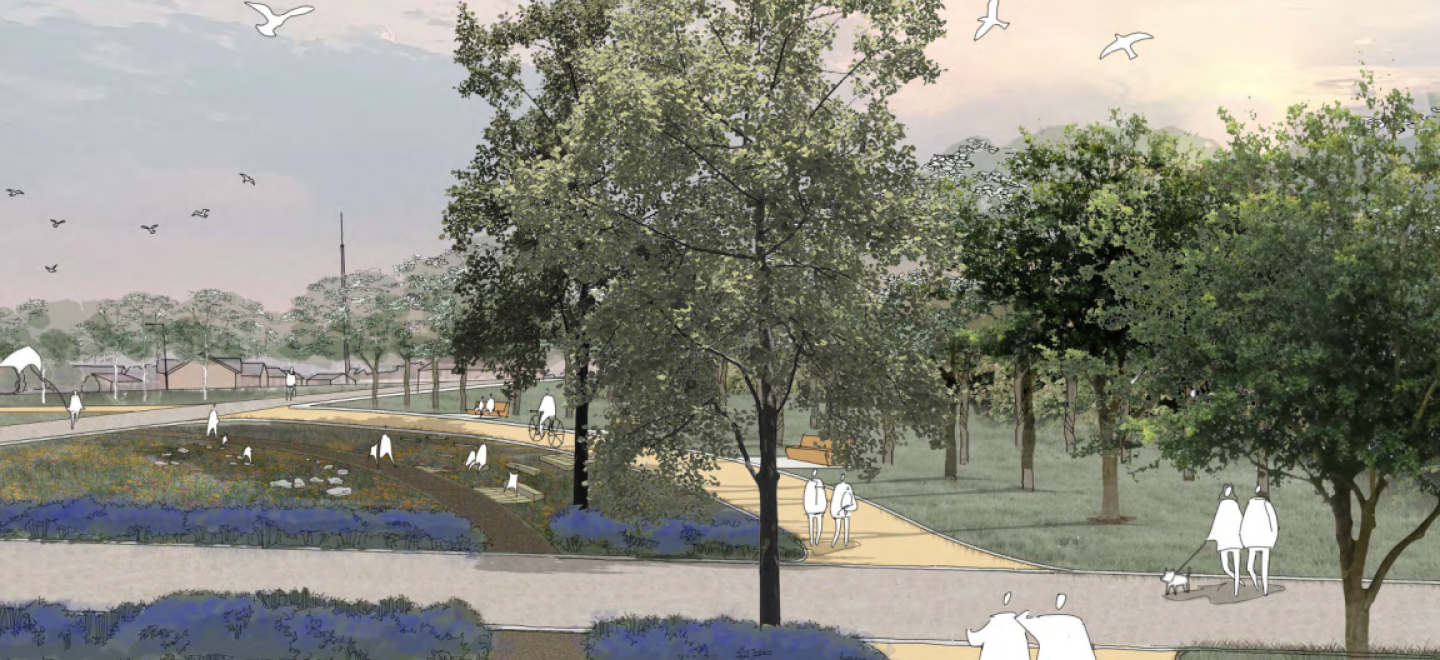 An artist's impression of a new greenspace in Ferguslie. It shows new paths, trees, shrubbery with indicative people shown