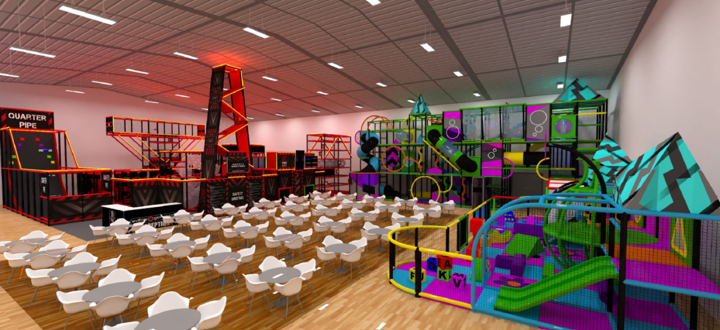 An artist's impression of Lagoon active play showing the play equipment, TAG Arena, soft play and seating area