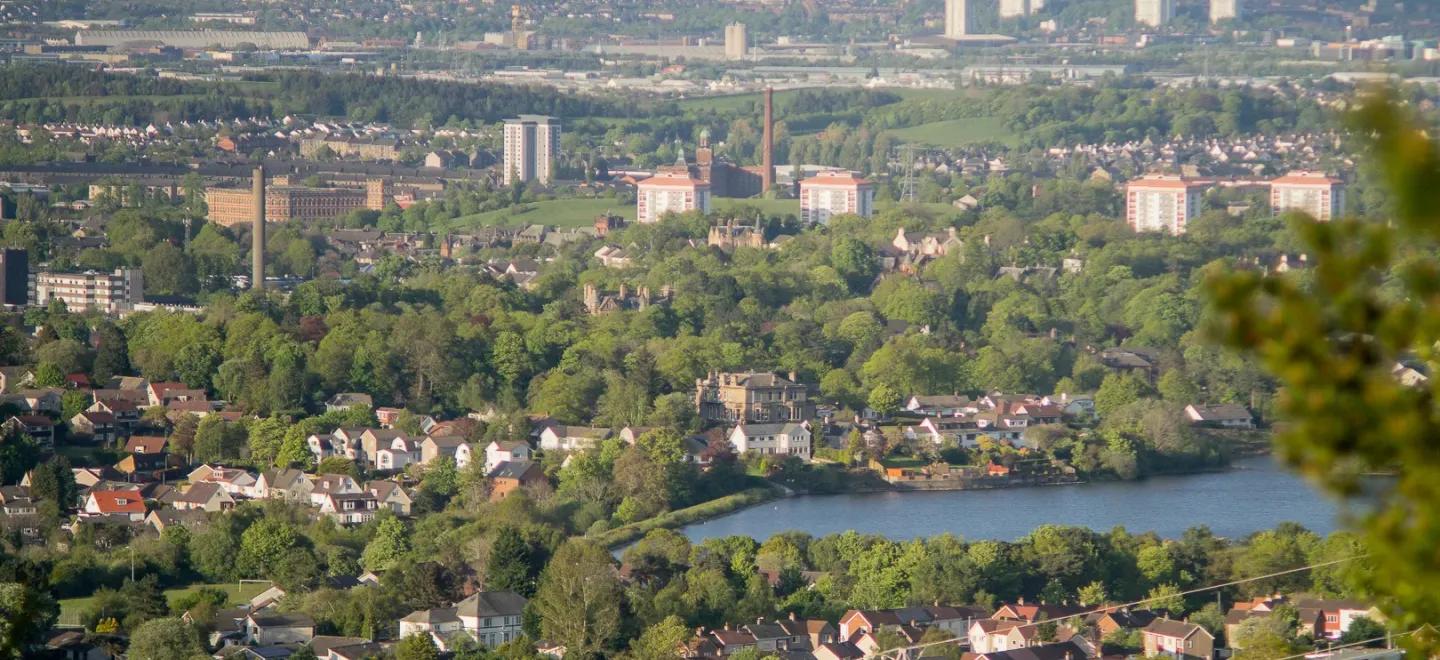 Aerial view of Paisley landscape from Gleniffer Braes
