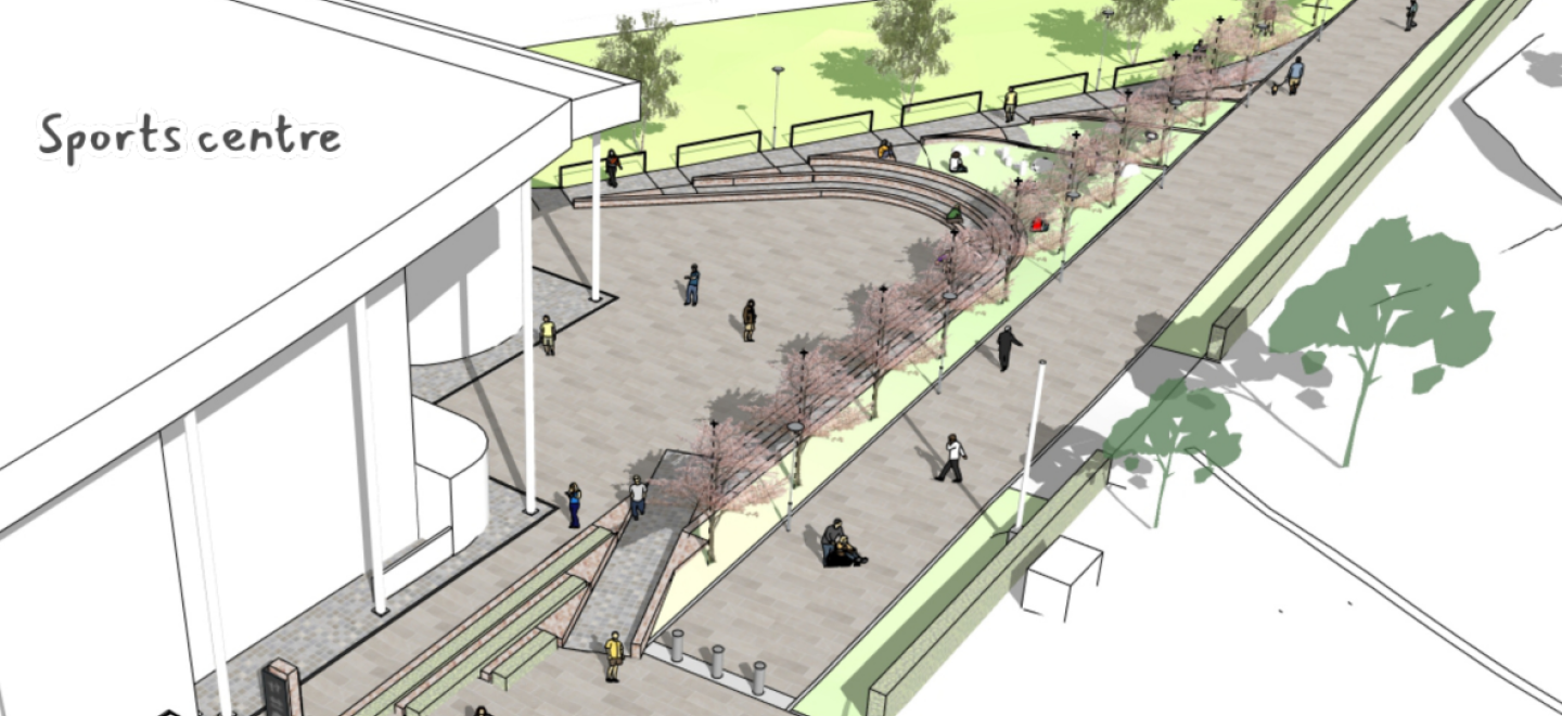 An artist's impression of the new Erskine Civic Plaza showing the new paths, trees and its location