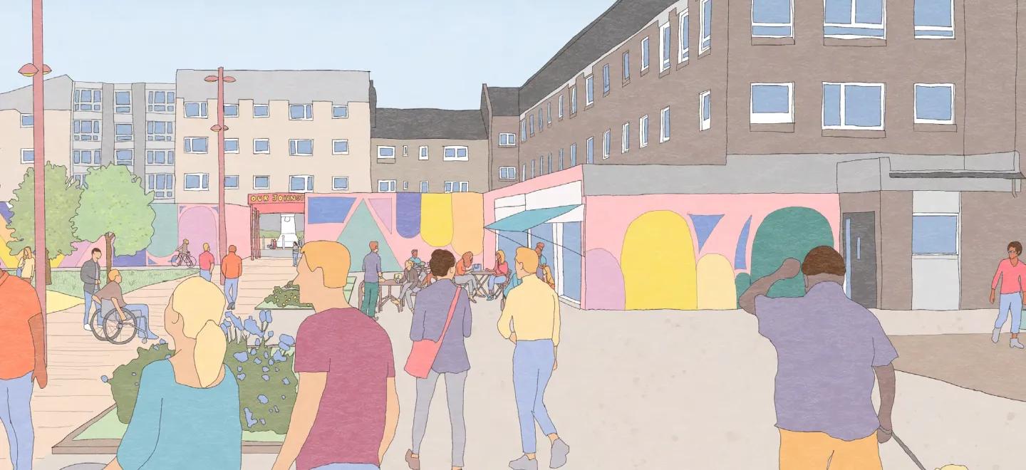 Artist's impression of Houston Court, Johnstone Town Centre. People are mingling in the refurbished space